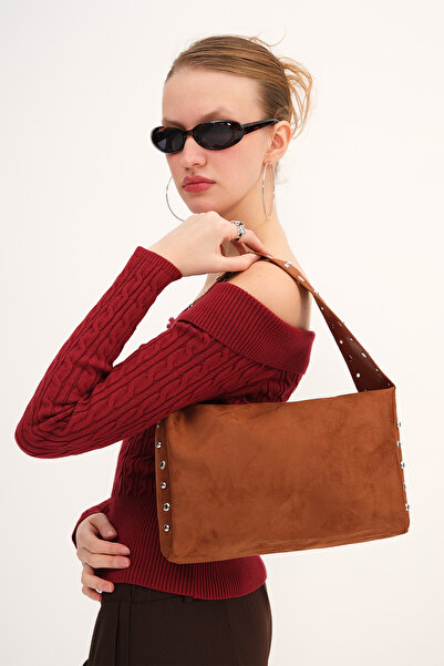 Addax Studded Suede Hand and Shoulder Bag Ç1055