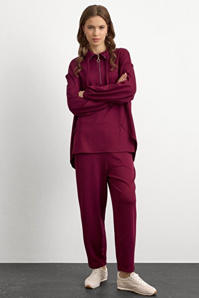 Olcay Knitted Sweat Suit with Zipper and Cup Detail Bordo 9385-Tk