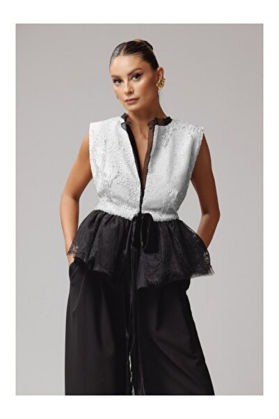 conceptAtrois Short White Sequin Vest with Tulle and Black Lace