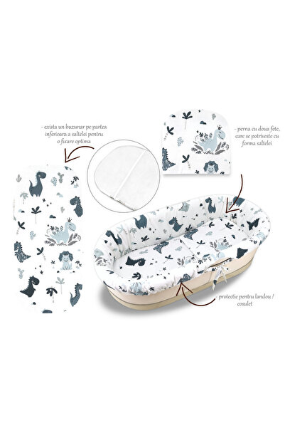 MimiNu Set pentru landou/cosulet, MimiNu, Cu protectie, saltea si pernuta, Bumbac, Dino Granat