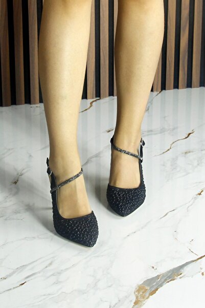 Erkan Saçmacı Perola Black Satin Stone Pearl Open Back Pointed Toe Thin Heeled Evening Dress Shoes