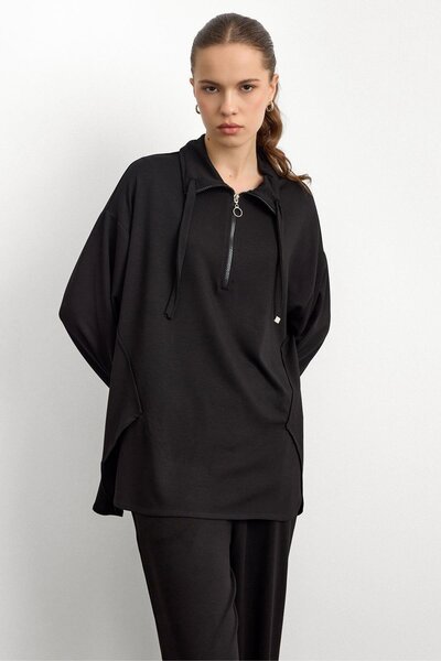 Olcay Knitted Sweat Suit with Zipper and Cup Detail Black 9385-Tk