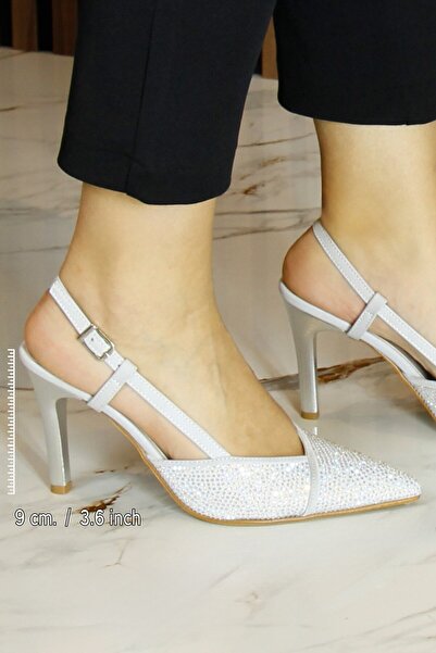 Erkan Saçmacı Sacha Premium Silver Crepe Stone Open Back Pointed Toe Thin Heeled Evening Dress Shoes