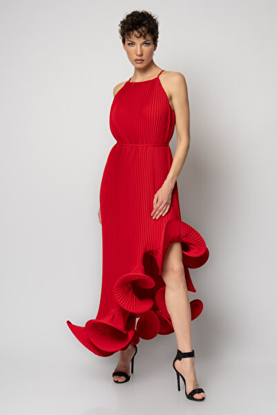 RENGIN Etek ucu volanlı komple piliseli krep abiye elbise