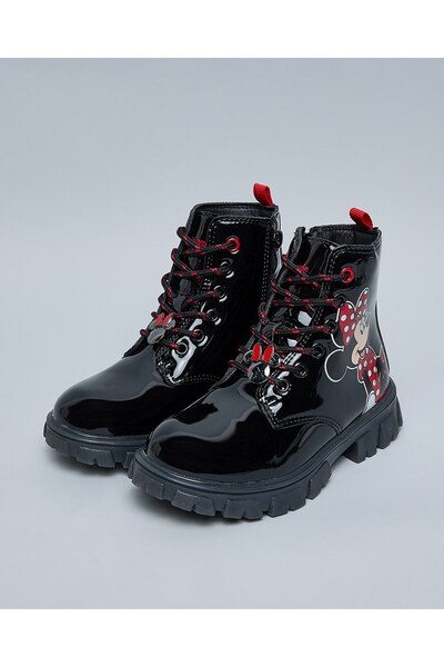 R&B Minnie Mouse Printed Lace Up Ankle Boots