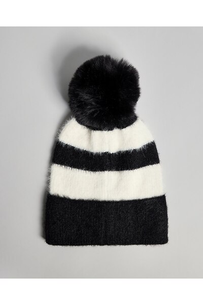 R&B Black Women's Striped Beanie with Pom-Pom
