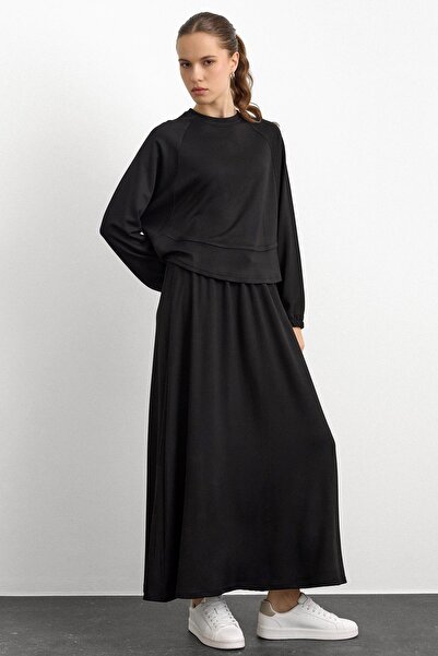 Olcay Crew Neck Knitted Sweat Skirt Set Black 9386-Tk