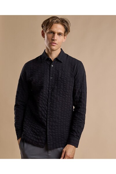 R&B Textured Hooded Shirt with Classic Collar and Long Sleeves