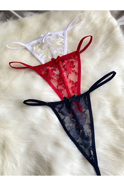 Maly Love Kadın Dantelli Transparan String Tanga İç Çamaşırı 3’lü Set - Beyaz & Kırmızı & Siyah