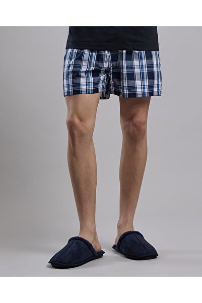 R&B Navy Blue Men's Fur Detail Bedroom Slippers