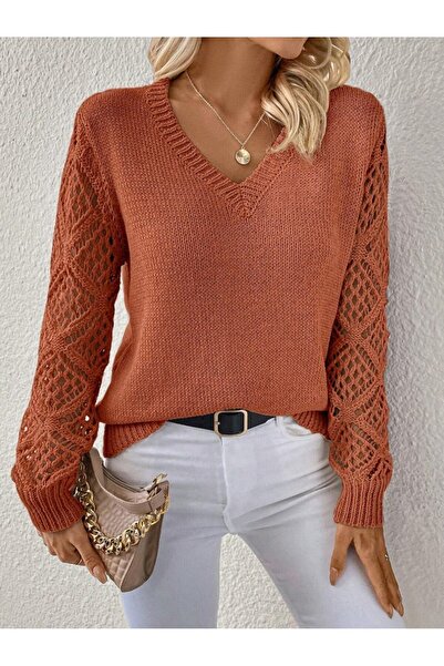 SEKİZ BENİM Aemido Women's Long Sleeve V Neck Sleeve Hollowed Out Argyle Pattern Detailed Knitwear Sweater