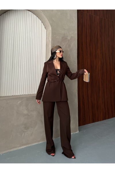 MYGİYİMİSTANBUL Blazer Jacket Wide-Leg Pants Suit and Tied at the Waist with a Thin Belt in the Color,