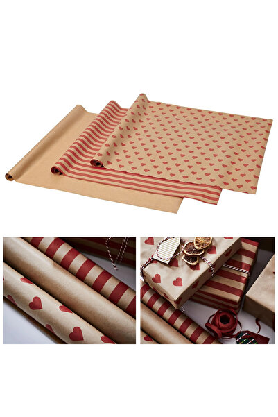 IKEA Vinterfint Beige Striped Heart Patterned Set of 3 Rolls 9 Mt Gift Wrapping Paper Packaging Paper
