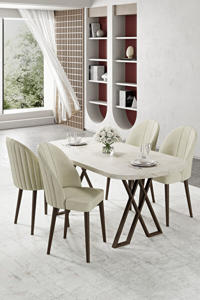 Canisa Kaye Serisi Mdf 90x168 Traverten Mutfak Masası Takımı 4 Krem Sandalye