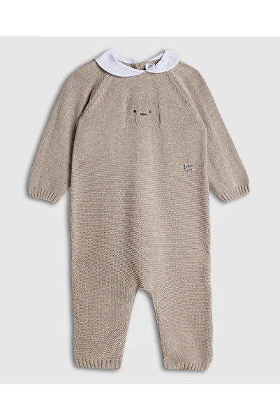 R&B Beige Boy's Textured Collared Sleepsuit