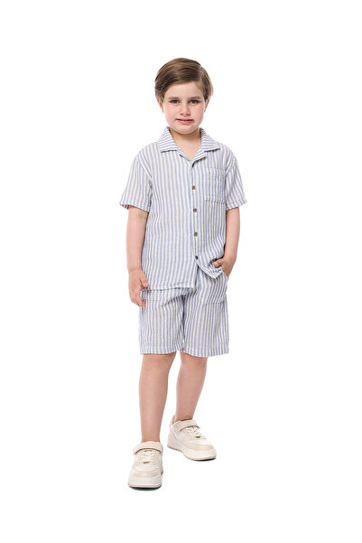 R&B Light Blue Boy's Striped Shirt and Shorts Set