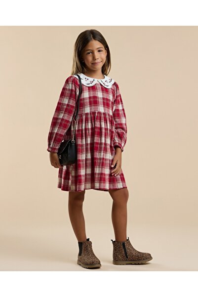 R&B Plaid Flared Dress with Baby Collar and Long Sleeves
