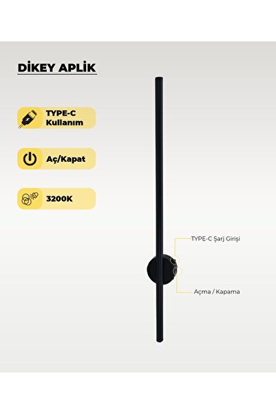 AC AYDINLATMA Şarjlı Siyah Dikey Aplik 3200K Sarı Işık – Elektrik Gerektirmez