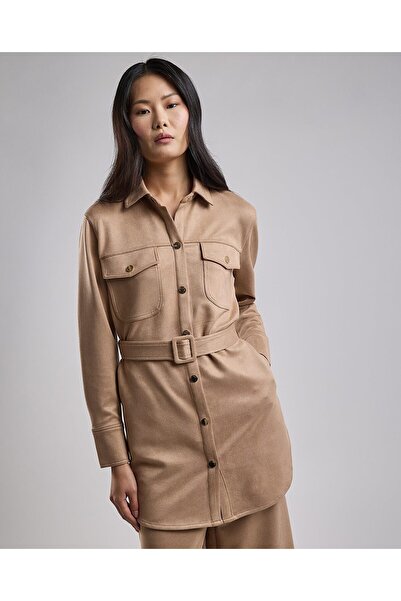 R&B Solid Belted Shirt Tunic with Long Sleeves