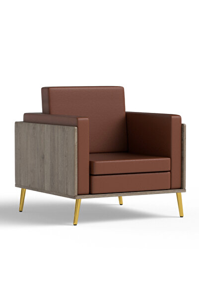 Mahmayi KD 3326 Truffle Davos Oak Wooden Single Seat Sofa with Golden Legs and Brown PU Cushion