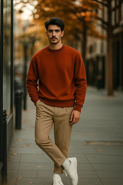 COMBİNE MİCHAİL Men's Casual Basic Cinnamon Loose Sweater