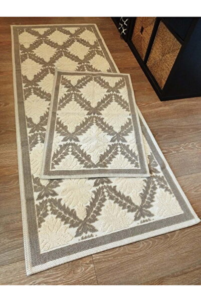 OEM 1+1 Set Woven Cotton Rugs, Size 1 Piece 55 x 85 cm + 1 Piece 55 x 120 cm, Cappuccino
