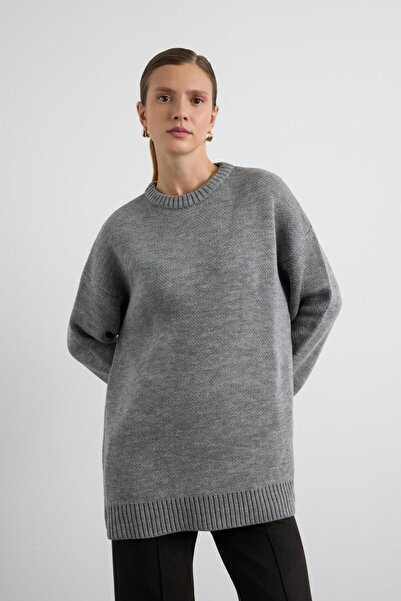 KADRİYE BAŞTÜRK Crew Neck Basic Knitwear Sweater Anthracite