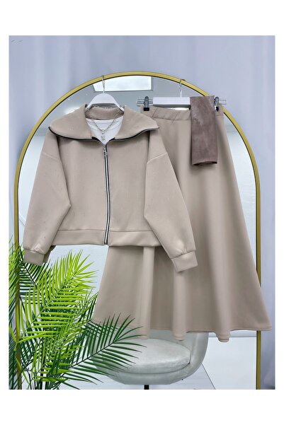 YEDİLALE Stone Zippered Jacket Skirt Puff Scuba Double Set