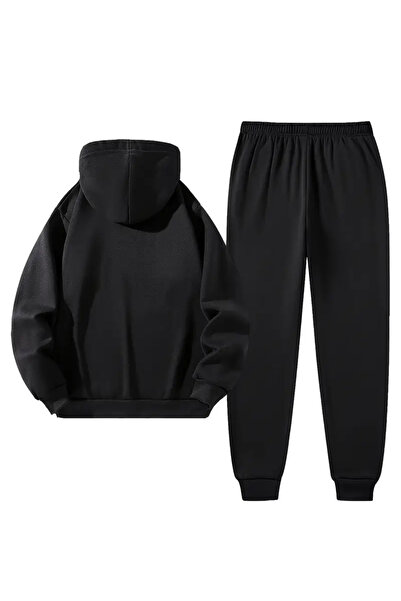 AEMİ Uniszex fekete nyomott mintás kapucnis pulóver és Jogger melegítőnadrág - alsó felső szett