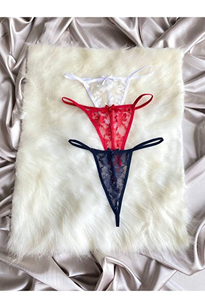 Maly Love Kadın Dantelli Transparan String Tanga İç Çamaşırı 3’lü Set - Beyaz & Kırmızı & Siyah