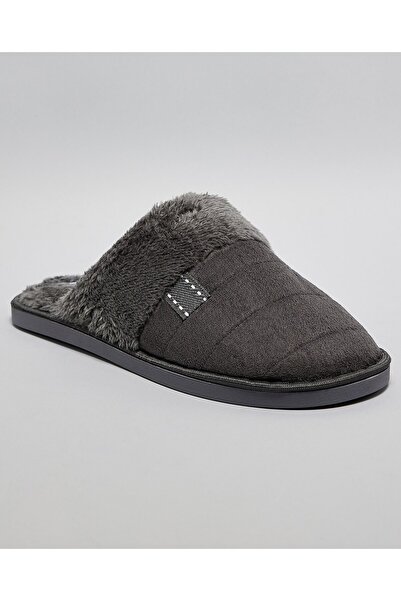 R&B Grey Men's Fur Detail Bedroom Slippers