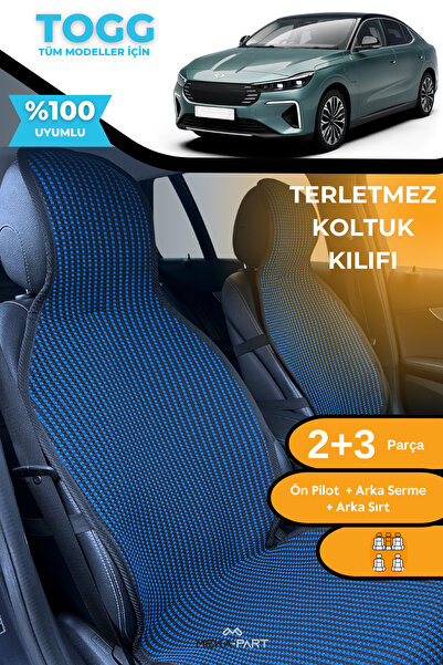 TREND غطاء حماية لمقعد السيارة مضاد للتعرق 100% قطن 5 قطع مجموعة كاملة أزرق أسود TOGG T10F