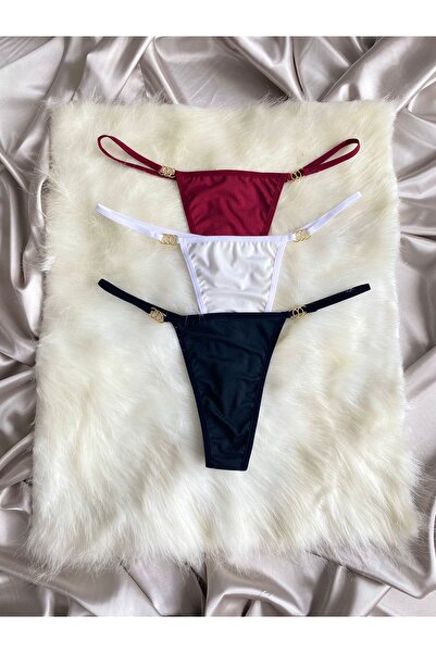 Maly Love Kadın 3lü Paket Halka Detaylı String Tanga - Beyaz & Bordo & Siyah