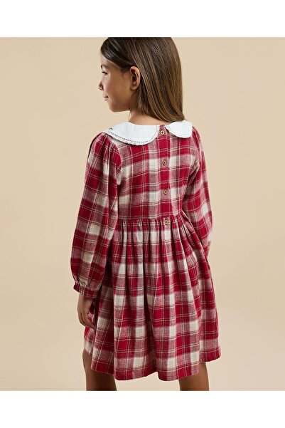 R&B Plaid Flared Dress with Baby Collar and Long Sleeves