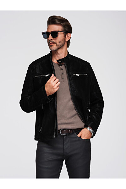 OMBRE Stylish Men's Biker Jacket with Stand Collar - Black V2 C637