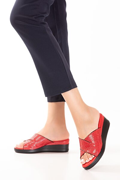 Gondol Hakiki Deri Ev Terliği özl.2763 Kırmızı Yılan