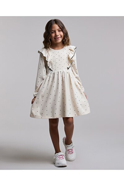 R&B Printed Flared Dress with Crew Neck and Long Sleeves