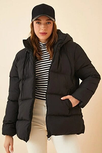 MEECY Palton negru cu glugă pentru femei