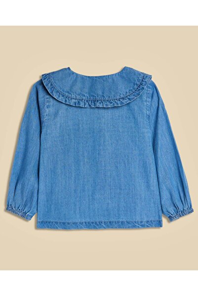 R&B Embroidered Denim Shirt with Baby Collar and Long Sleeves