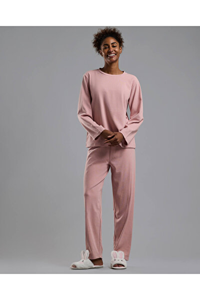 R&B طقم بيجامة نسائي بأكمام طويلة مضلعة باللون الوردي الباهت
