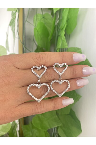 Jewelliss 2 Boy Kalp Kristal Taşlı Minimal Küpe Zirkon Gümüş Renk Kaplama Hediyelik