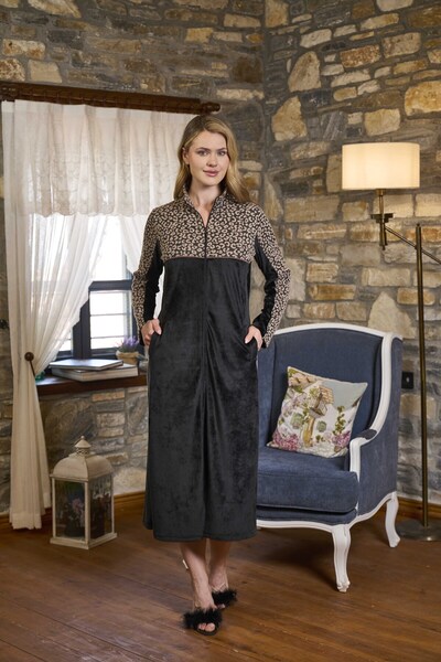 Cossy By Aqua Long Sleeve Front Fully Zippered Leopard Detail Nightgown Cossybyaqua 26283