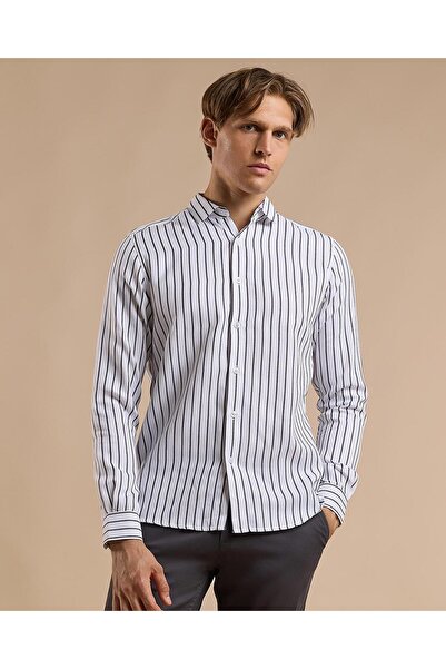 R&B Striped Shirt with Classic Collar and Long Sleeves