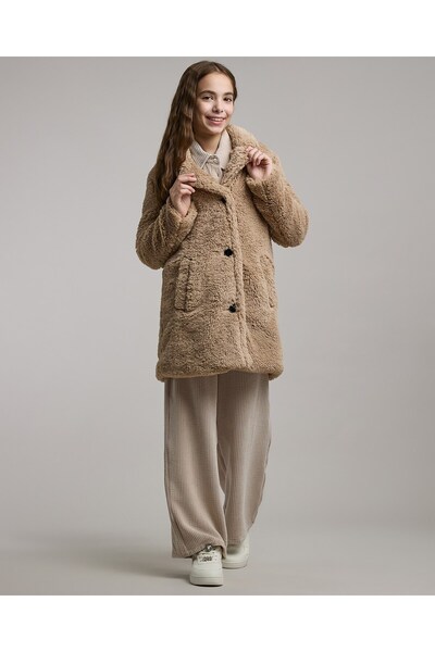 R&B Faux Fur Coat with Collar and Long Sleeves