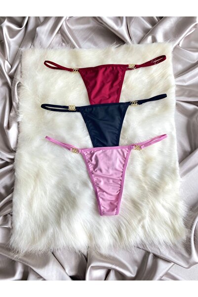Maly Love Kadın 3lü Paket Halka Detaylı String Tanga - Bordo & Siyah & Pembe