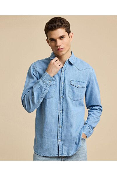 R&B Faded Denim Shirt with Classic Collar and Long Sleeves