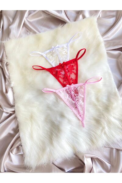 Maly Love Kadın Dantelli Transparan String Tanga İç Çamaşırı 3’lü Set - Pembe & Kırmızı & Beyaz