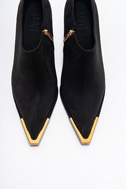 LuviShoes Sona Black Suede Gold Detailed Zippered Women's Ankle Heeled Shoes