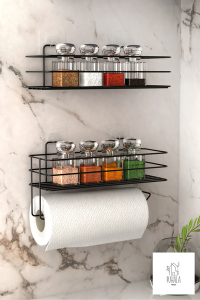 Silkyreal 2 Katlı Yapışkanlı Baharat Rafı. Paslanmaz Metal Yapışkanlı Baharatlık