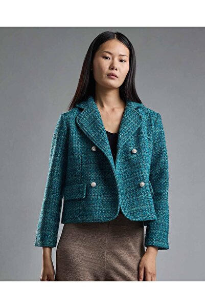 R&B بليزر قصير ذو صدر مزدوج وأكمام طويلة